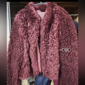 Real 100% Curly Lamb wool Fur Jacket - Burgundy